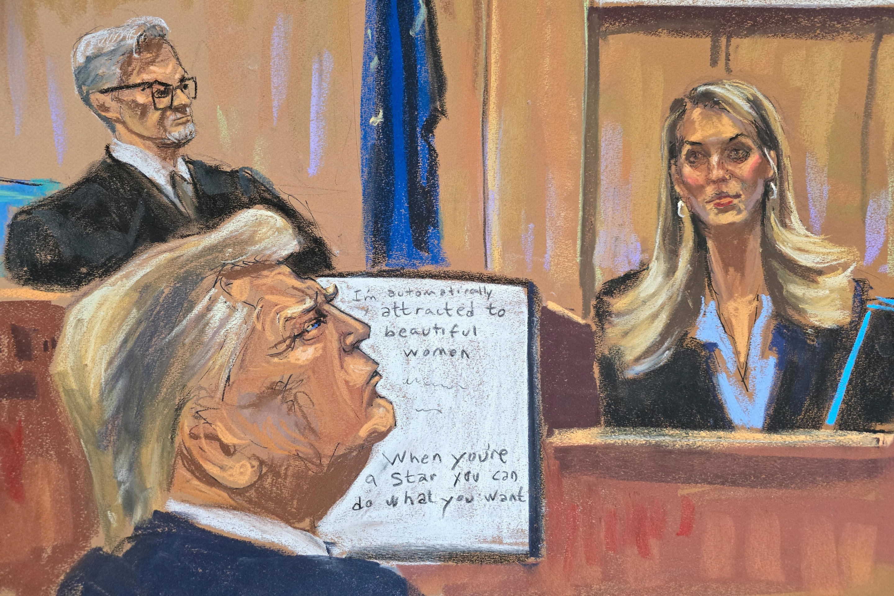 Hope Hicks, Trump's former top aide, testifies on May 3 as he and Judge Juan Merchan look on. (Jane Rosenberg/Reuters)