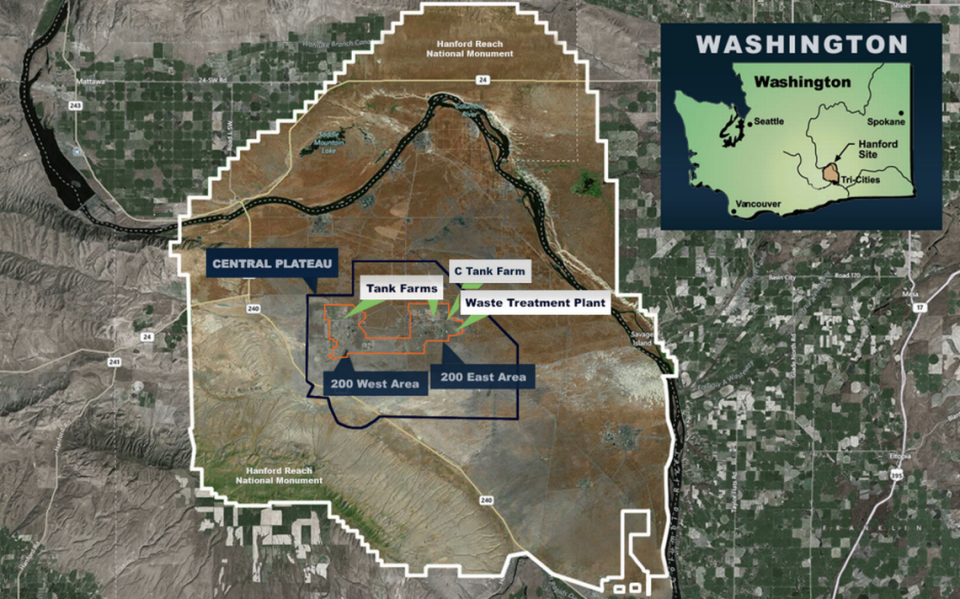 Environmental cleanup is underway at the 580-square-mile Hanford nuclear reservation. The underground radioactive waste storage tanks and the vitrification plant are in the center of the site.