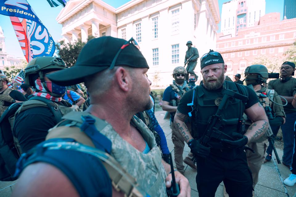 Far-right groups such as the Angry Vikings (pictured in Kentucky on 5 September) are planning to patrol polling sites on Election Day (Getty Images)