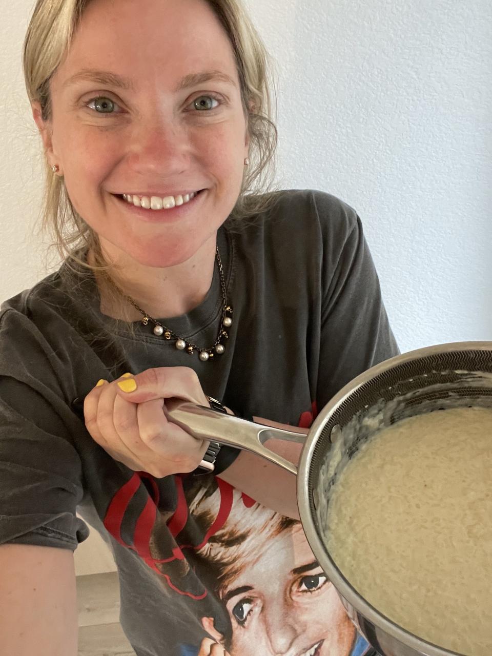 the author with a pot of rice pudding