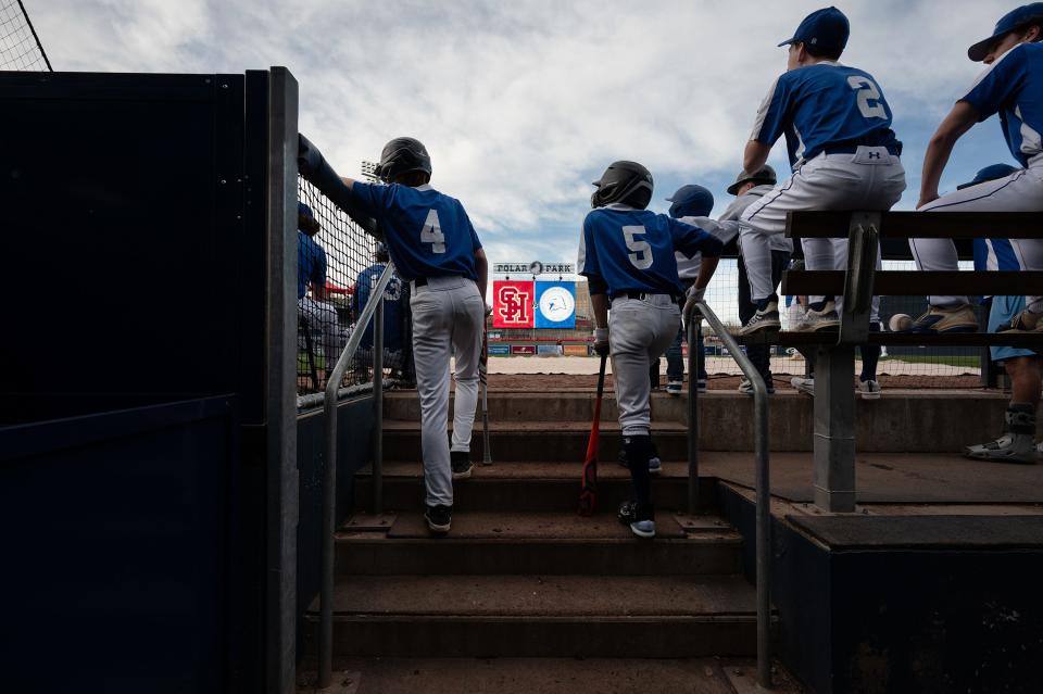 Worcester Tech players watch the action versus Shepherd Hill at Polar Park on Monday April 8, 2024.