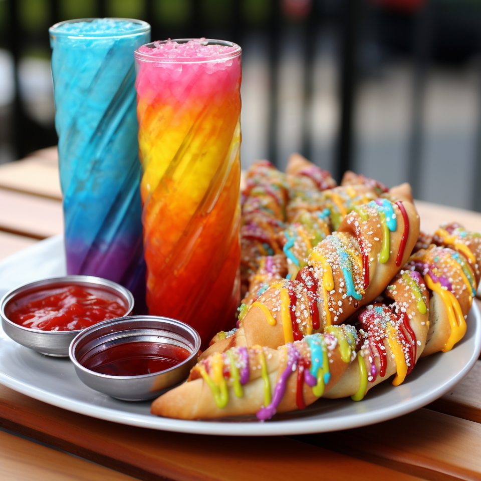 Rainbow-colored twisted breadsticks, sprinkled with spicy 