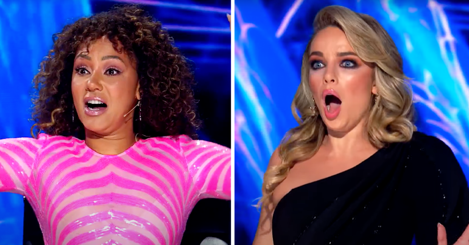 The Masked Singer's Mel B and Abbie Chatfield looking shocked.