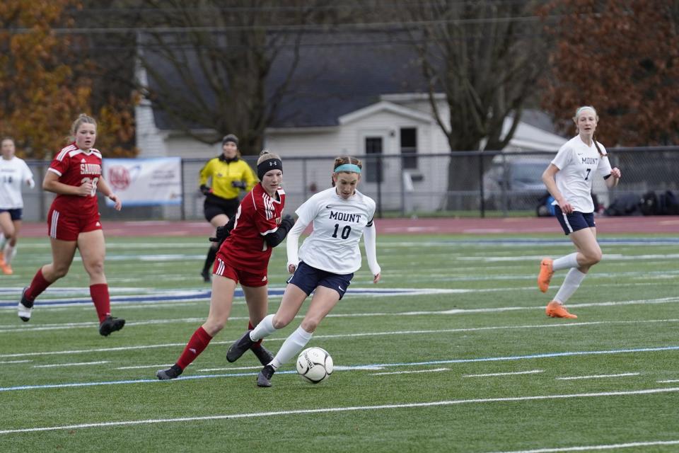 Mount Academy senior Brooke Huleatt (10) assisted on the first goal and then tallied twice to lift the Eagles past Sauquoit Valley 3-0 in a state Class C semifinal at Homer High School on Saturday. MOUNT ACADEMY ATHLETICS