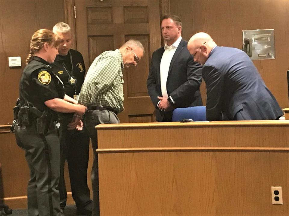 Fairfield County Sheriff deputies handcuff Kim Horton after common pleas court judge David Trimmer sentenced him to eight years in prison Thursday for a July 22 motor vehicle crash that killed 9-year-old Ruth Jones and severely injured her mother, Elizabeth Jones.