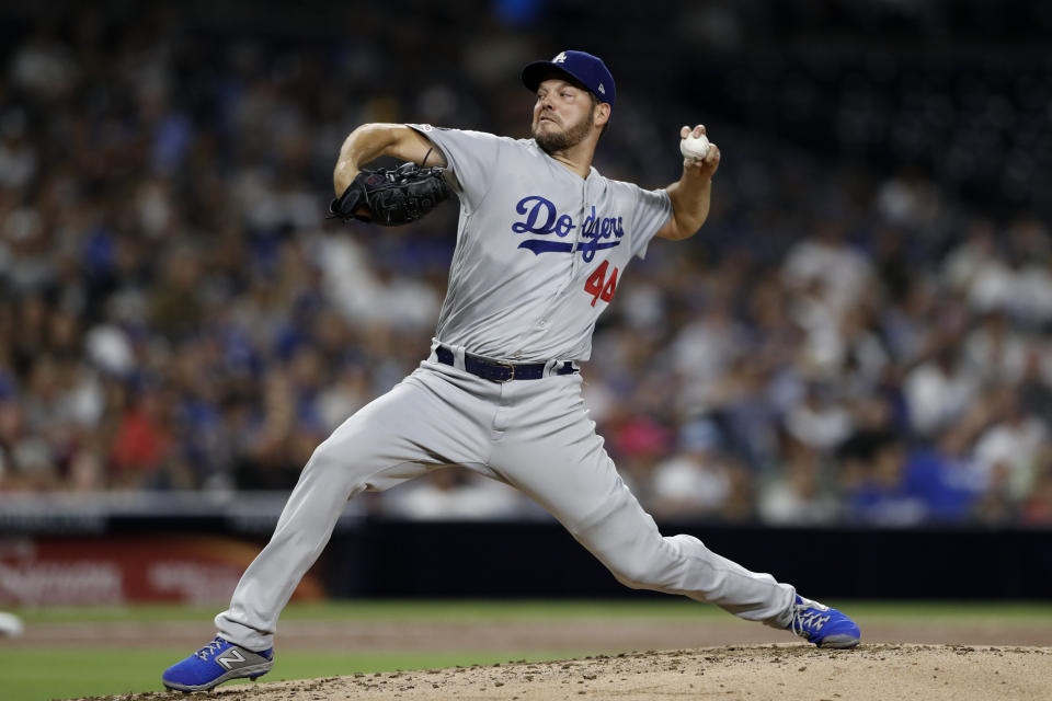 Los Angeles Dodgers starting pitcher Rich Hill works against a San Diego Padres batter during the second inning of a baseball game Tuesday, Sept. 24, 2019, in San Diego. (AP Photo/Gregory Bull)