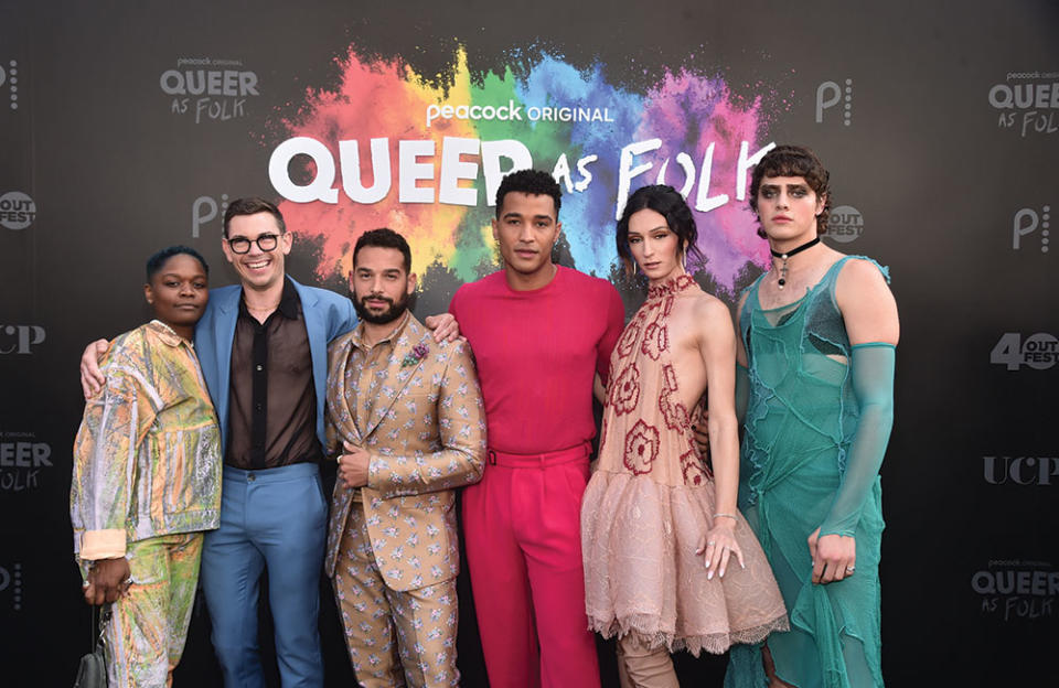 From left: The cast of Peacock’s Queer as Folk — CG, Ryan O’Connell, Johnny Sibilly, Devin Way, Jesse James Keitel and Fin Argus — at Outfest’s Outfronts event June 3 in L.A. - Credit: Courtesy of Alberto Rodriguez/Peacock