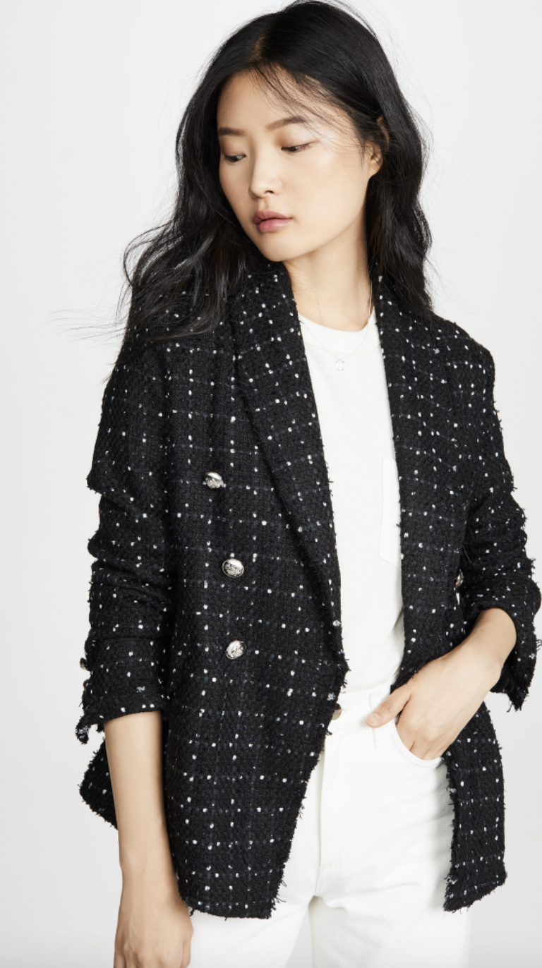 asian model in white t-shirt and white jeans and black tweed Lioness The Kendall Blazer (Photo via Shopbop)