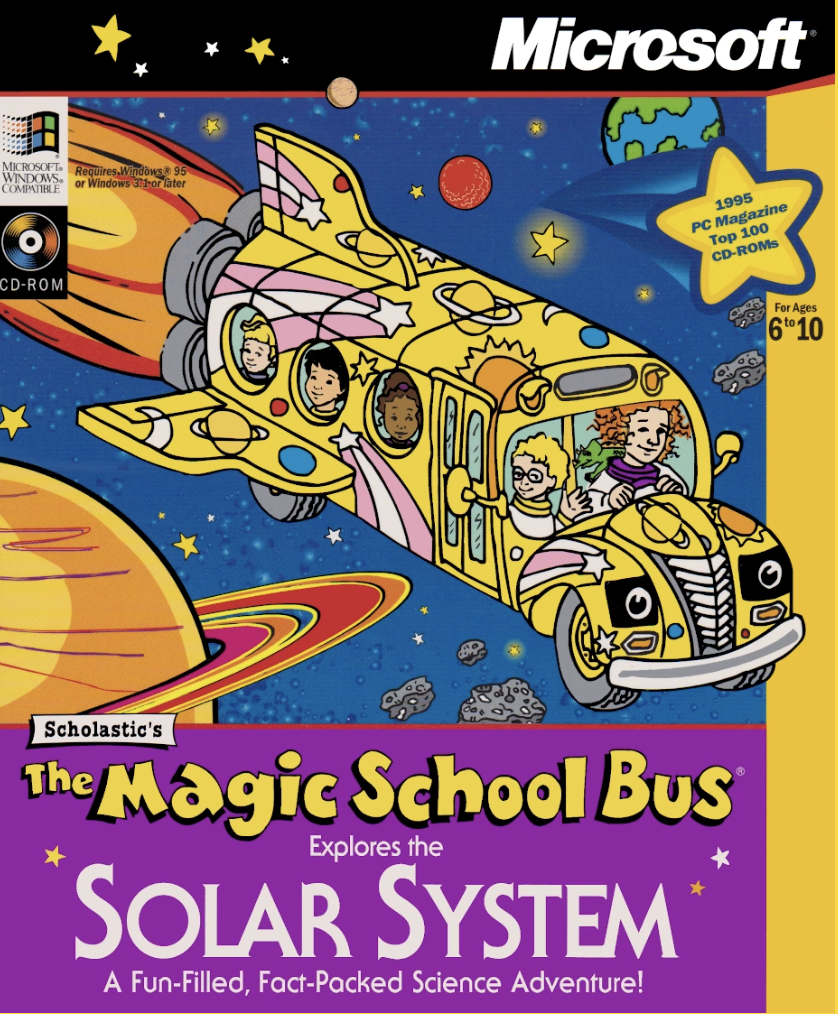 Cover of "The Magic School Bus Explores the Solar System" game, with characters on a bus in space