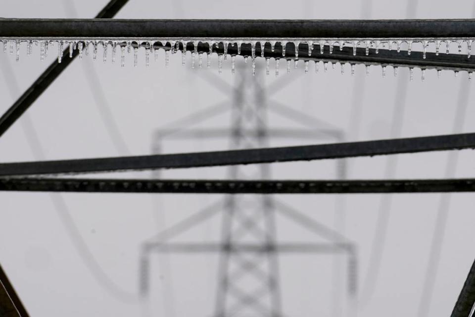 Icicles that formed on a power line structure from rain and sleet can been seen in Dallas. Scenes such as this are possible on the Mississippi Coast, with some freezing rain is expected.