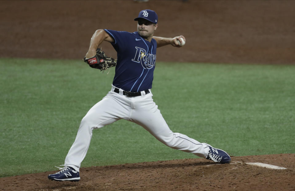 Tampa Bay Rays relief pitcher Jalen Beeks delivers to the Atlanta Braves during the sixth inning of a baseball game Monday, July 27, 2020, in St. Petersburg, Fla. (AP Photo/Chris O'Meara)