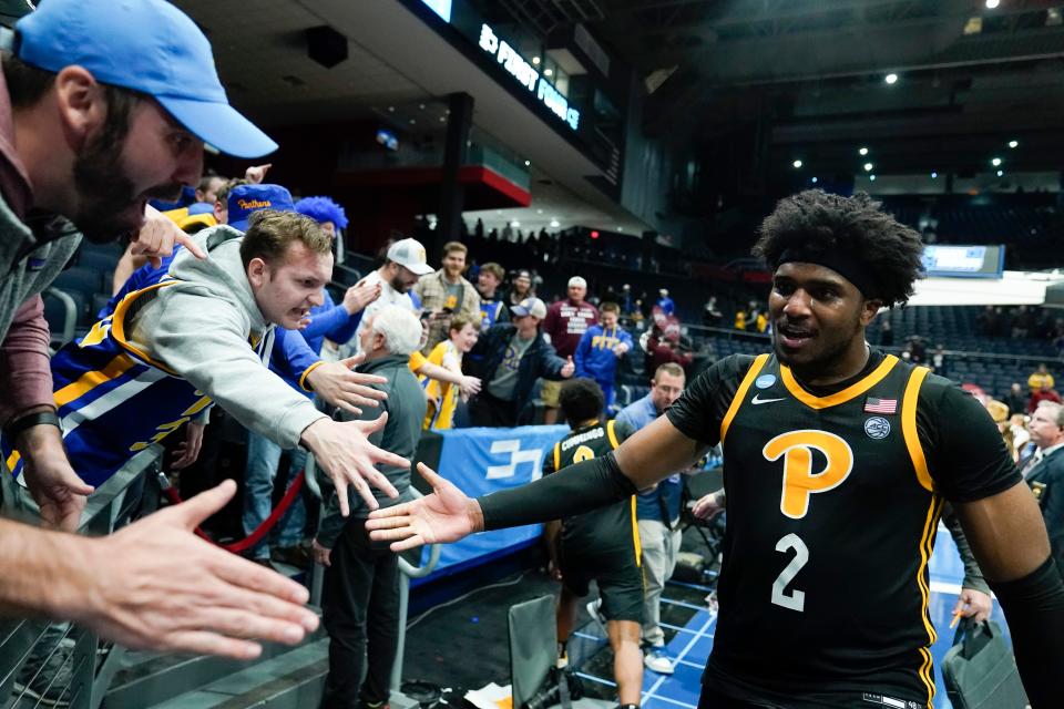 Pittsburgh's Blake Hinson celebrates after the Panthers beat Mississippi State in a Tuesday play-in game. Friday, he'll face Iowa State, his former team.