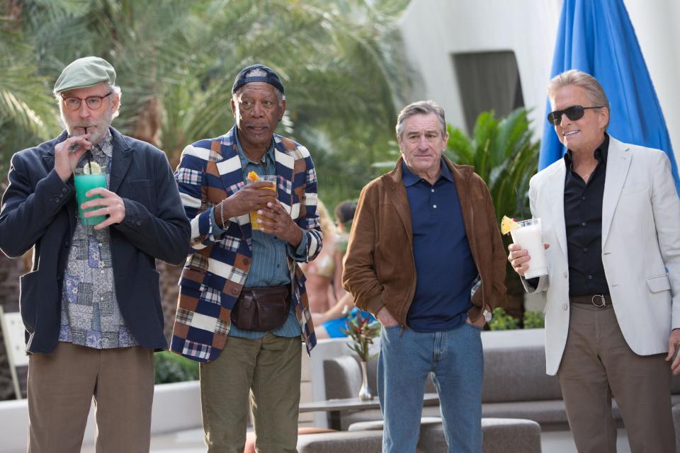 This image released by CBS Films shows, from left, Kevin Kline, Morgan Freeman, Robert De Niro and Michael Douglas in a scene from "Last Vegas." (AP Photo/CBS Films, Chuck Zlotnick)