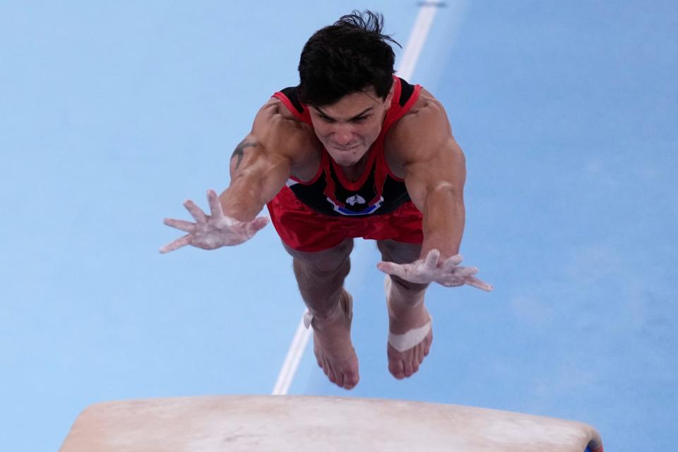 Artur Dalaloyan, the 2018 world champion, performs on the pommel horse Saturday.