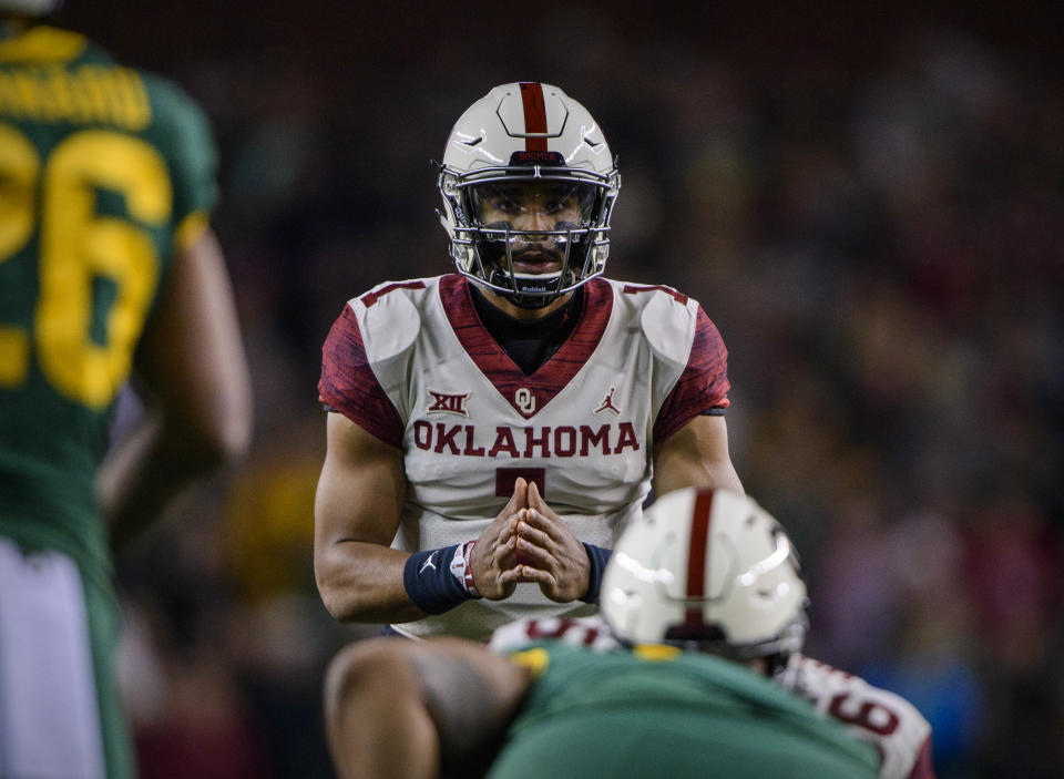 Nov. 16, 2019; Waco, Texas; Oklahoma Sooners quarterback Jalen Hurts (1) in action during the game between the Bears and the Sooners at McLane Stadium. Jerome Miron-USA TODAY Sports