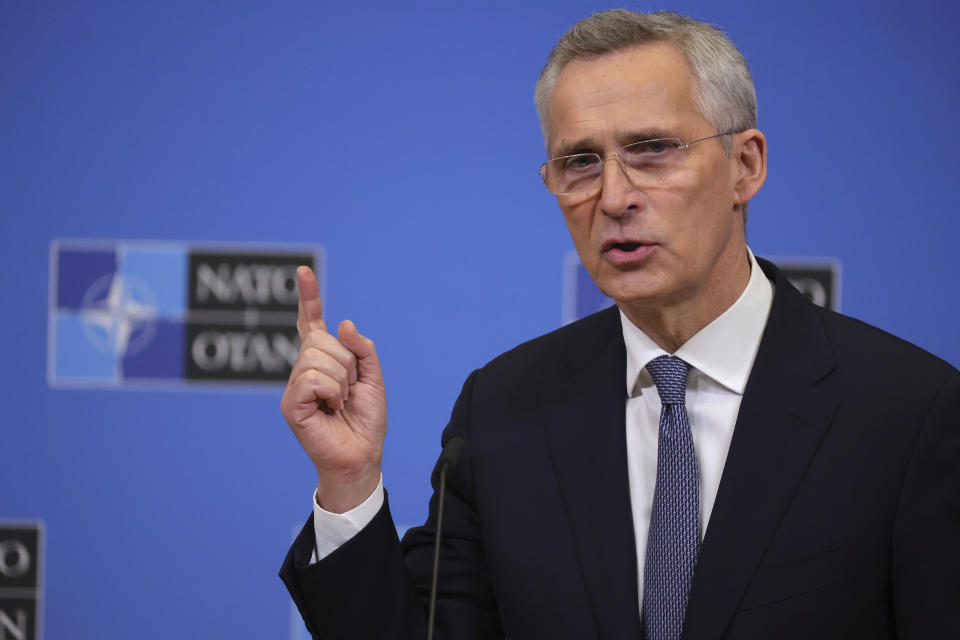 NATO Secretary-General Jens Stoltenberg speaks during a media conference ahead of a meeting of NATO defense ministers at NATO headquarters in Brussels, Monday, Feb. 13, 2023. (AP Photo/Olivier Matthys)