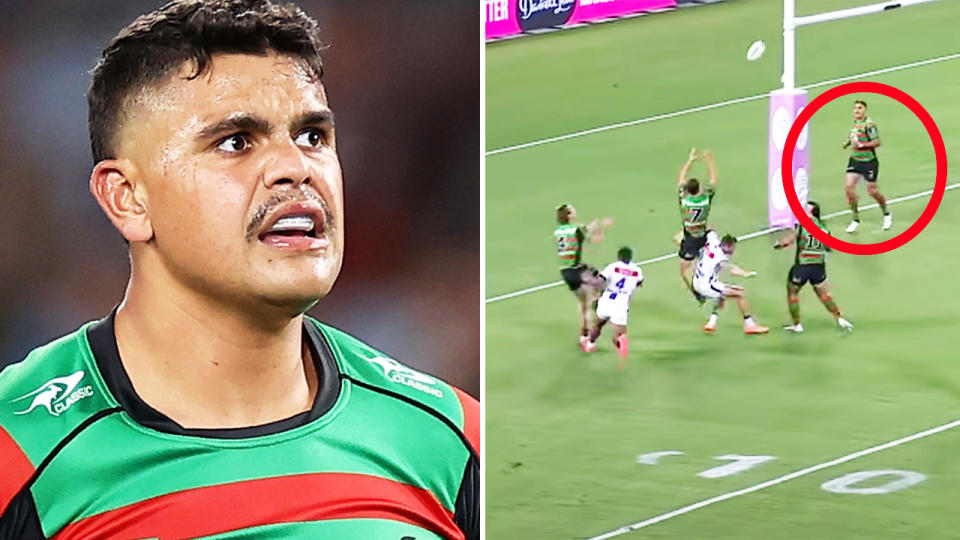 Latrell Mitchell, pictured here in action for the Rabbitohs against the Storm.