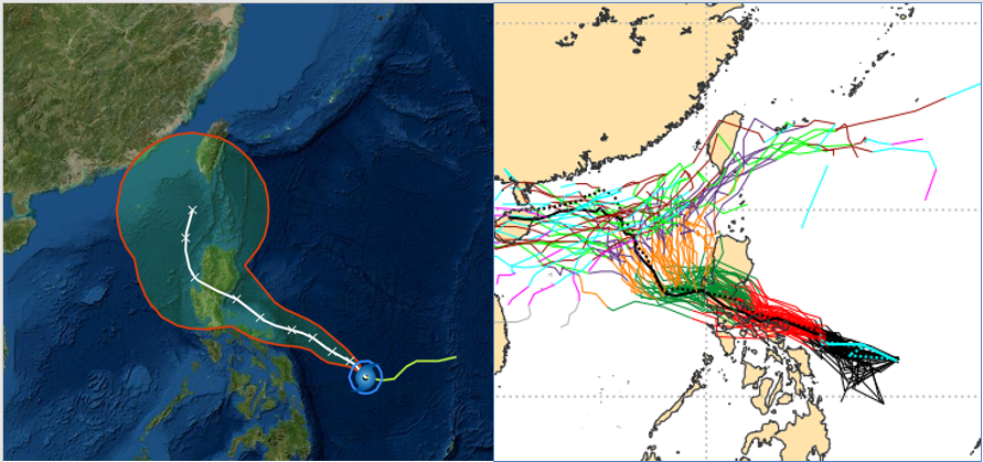 10月28日2時中央氣象局「路徑潛勢預測圖」（左圖）與27日20時歐洲（ECMWF）系集模式（右圖）類似，「奈格」模擬路徑大多通過呂宋島後再逐漸轉北，轉向位置有很大的「不確定性」（左圖紅框範圍大及右圖系集路徑分散）。（右圖取自「三立準氣象· 老大洩天機」專欄 ）