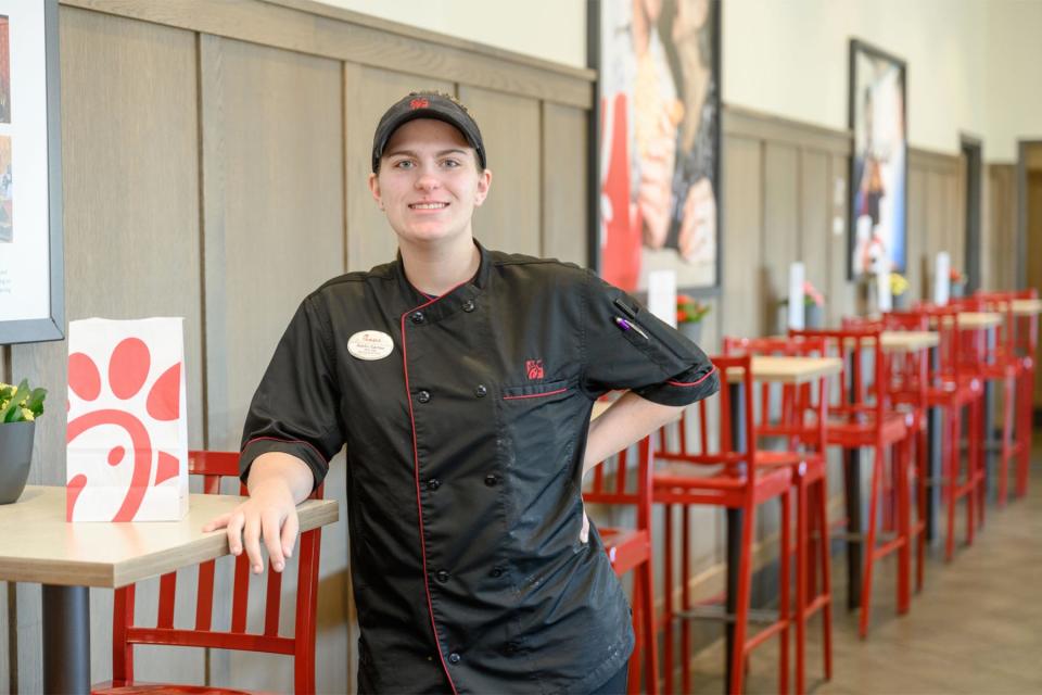 Middle Tennessee State University student and Murfreesboro Chick-fil-A employee Kaylin Garton, shown here inside one of the Murfreesboro locations in this 2022 file photo, is taking advantage of a partnership between the restaurant and the university that provides tuition assistance to qualifying Chick-fil-A employees.