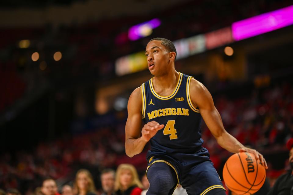 Michigan Wolverines guard Nimari Burnett (4) looks to pass during the first half against the Maryland Terrapins at Xfinity Center in College Park, Maryland.