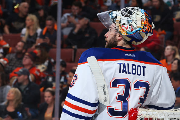 ANAHEIM, CA - MAY 5: Cam Talbot #33 of the Edmonton Oilers watches a replay after a goal in Game Five of the Western Conference Second Round against the Anaheim Ducks during the 2017 NHL Stanley Cup Playoffs at Honda Center on May 5, 2017 in Anaheim, California. (Photo by Debora Robinson/NHLI via Getty Images)