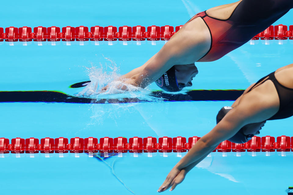 INDIANAPOLIS, INDIANA - JUNE 22: Katie Ledecky of the United States competes in the Women's 800m freestyle final on Day Eight of the 2024 U.S. Olympic Team Swimming Trials at Lucas Oil Stadium on June 22, 2024 in Indianapolis, Indiana. (Photo by Maddie Meyer/Getty Images)