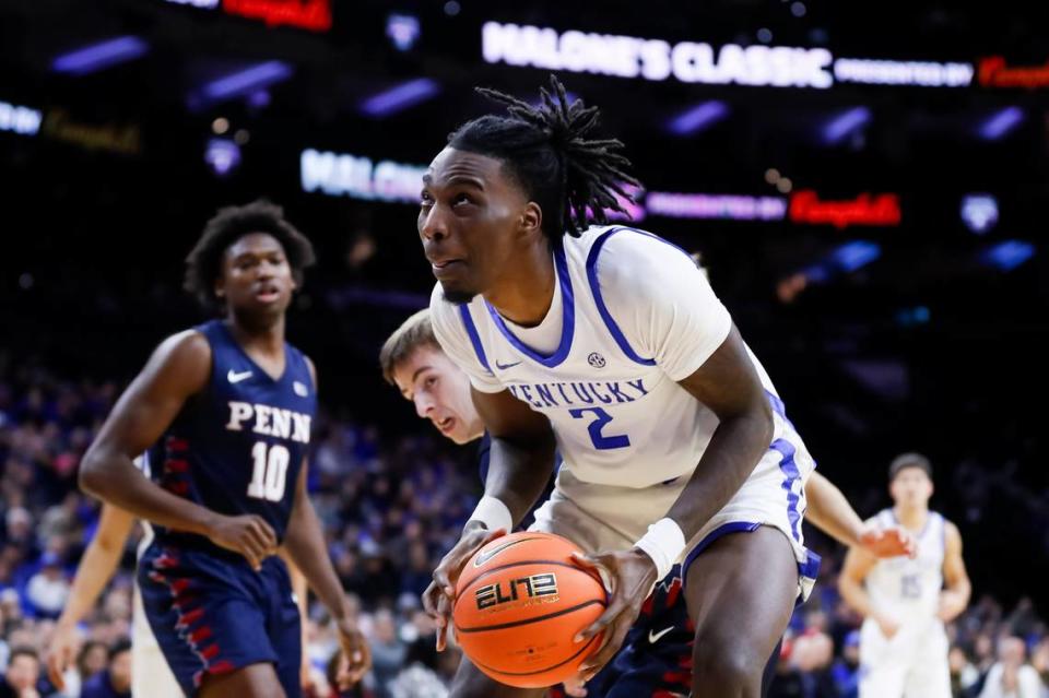 Kentucky freshman Aaron Bradshaw, playing his second game as a Wildcat, scored 17 points, collected 11 rebounds and blocked three shots in UK’s win over Penn.