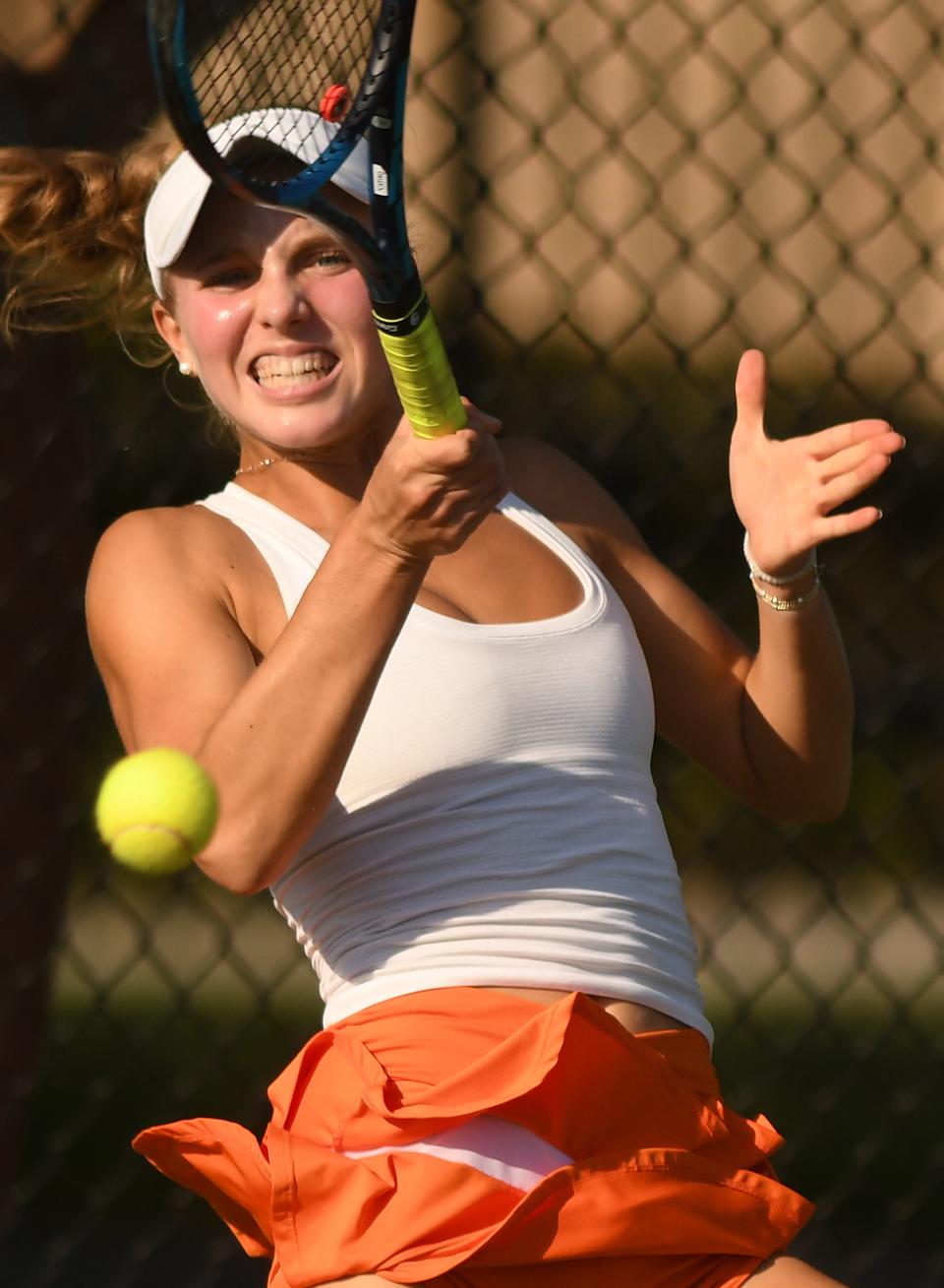 New Hanover’s Sophia Catino took on CFA’s Taylor Garriott in girl’s tennis Monday Oct. 7, 2024 at New Hanover. KEN BLEVINS/STARNEWS