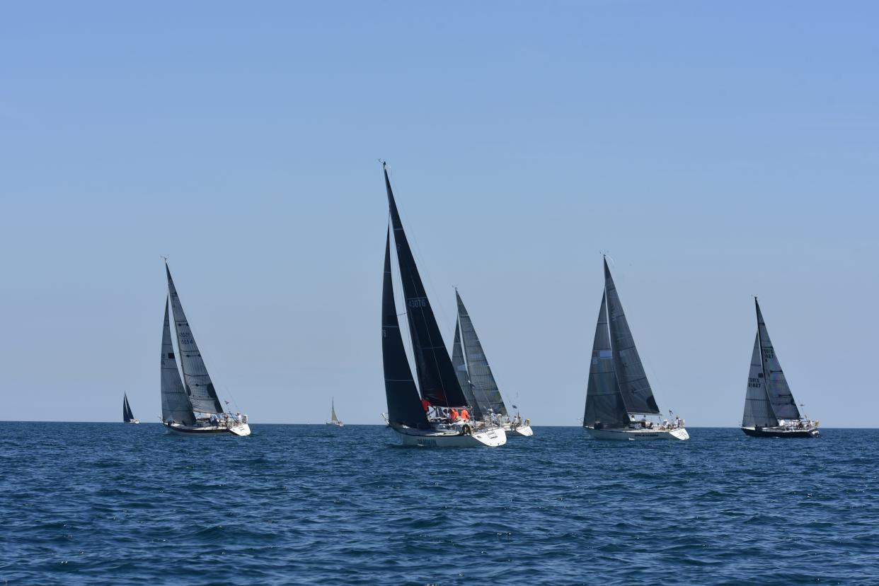 Sailboats set sail  during the start of the Bayview Mackinac Race on Lake Huron in Port Huron on Saturday, July 16, 2022.