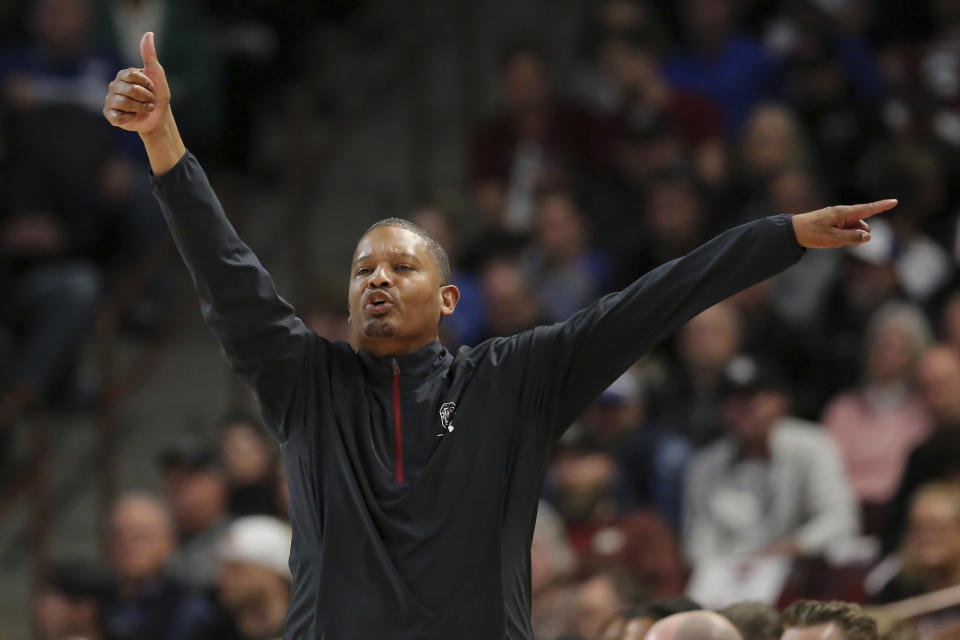 South Carolina coach Lamont Paris calls out an offensive set during the first half of the team's NCAA college basketball game against Kentucky on Tuesday, Jan. 23, 2024, in Columbia, S.C. (AP Photo/Artie Walker Jr.)