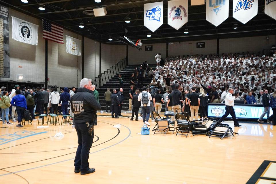 Tuesday's NEC championship game at Bryant University was paused for about 30 minutes due to a massive brawl in the stands between fans. Wagner's student section was removed from the gym as officials got control of the situation, and the game resumed.