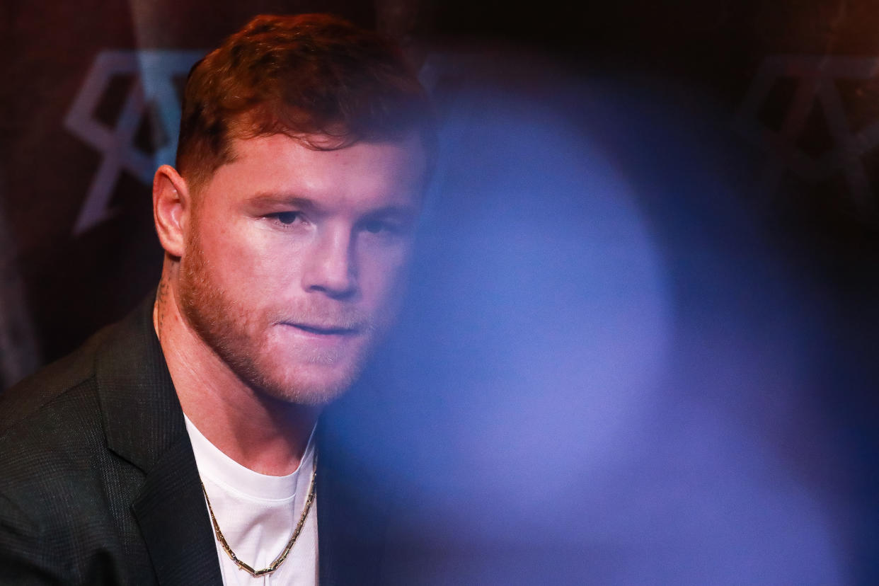 MEXICO CITY, MEXICO - NOVEMBER 16: Saul 'Canelo' Alvarez gestures during the press conference on the 'VMC' beverages by 'Canelo' Alvarez at Monumento A La Revolucion on November 16, 2022 in Mexico City, Mexico. (Photo by Manuel Velasquez/Getty Images)