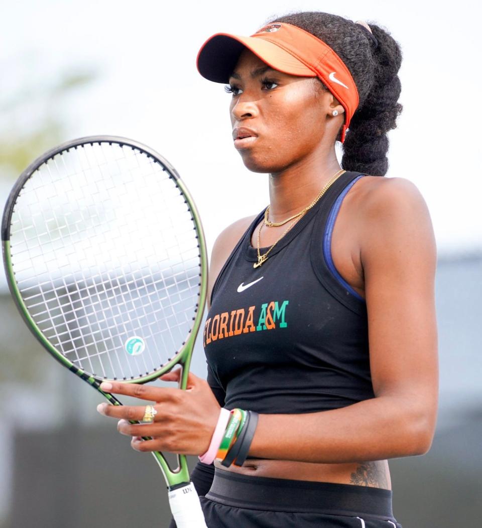 Florida A&M tennis player Sierra Sandy looks on during the SWAC Championship match against Jackson State at Pepsi Tennis Center in New Orleans, Louisiana, Sunday, April 23, 2023