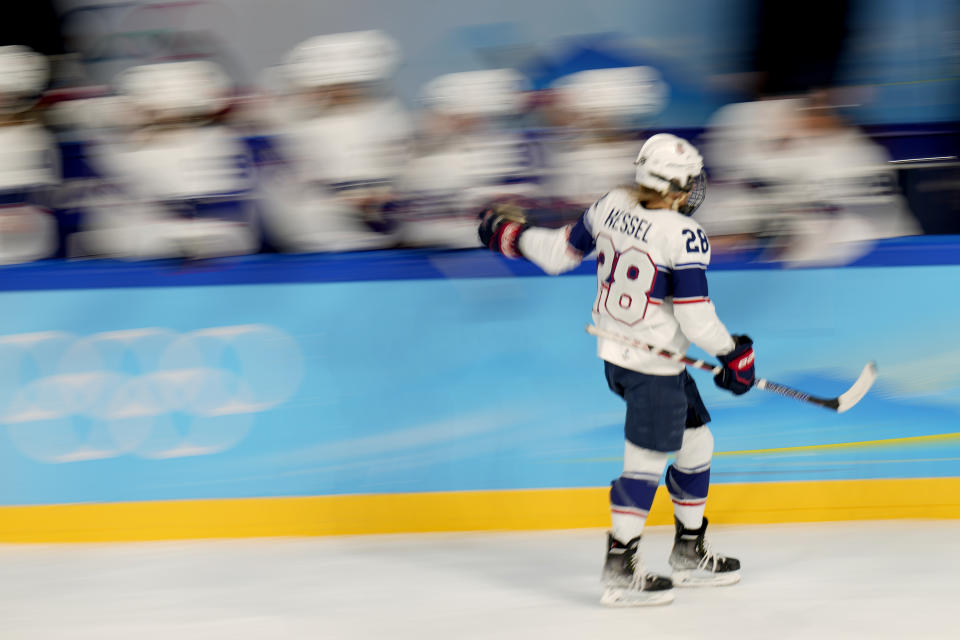 United States' Amanda Kessel (28) is congratulated after scoring a goal against Finland during a preliminary round women's hockey game at the 2022 Winter Olympics, Thursday, Feb. 3, 2022, in Beijing. (AP Photo/Petr David Josek)