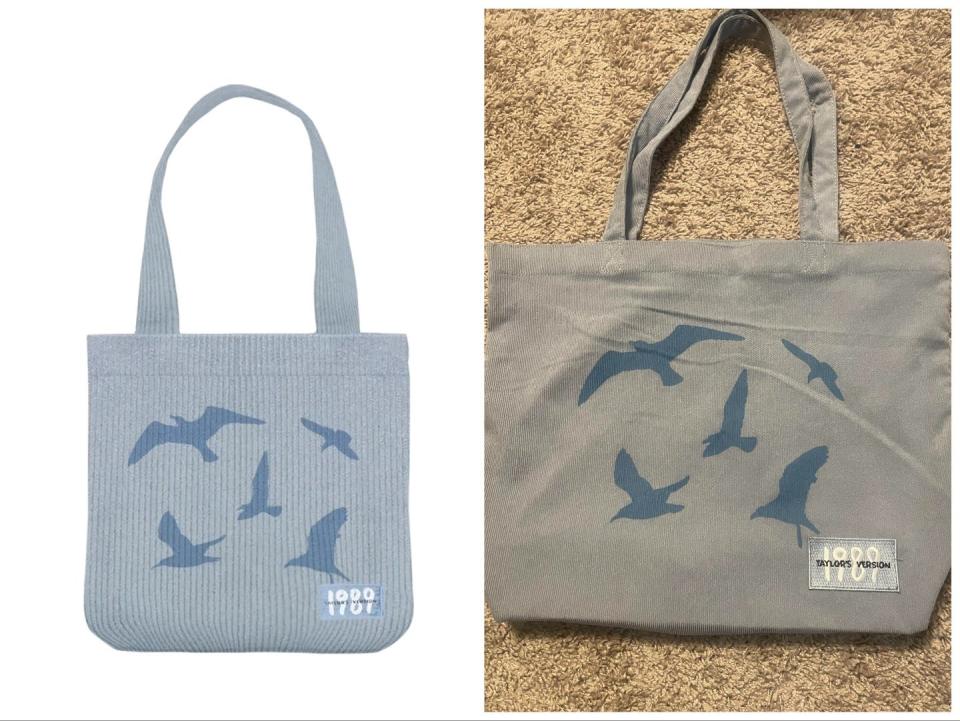 Taylor Swift 1989 tote bag on the website vs. in person.