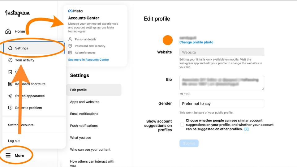 The Instagram settings interface on the web, showing how to find the Meta Accounts Center to delete or deactivate your Instagram account.