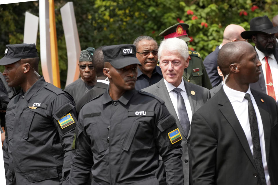 Former US President Bill Clinton, leaves after laying a wreath at the Kigali Genocide Memorial, in Kigali, Rwanda, Sunday, April 7, 2024. Rwandans are commemorating 30 years since the genocide in which an estimated 800,000 people were killed by government-backed extremists, shattering this small east African country that continues to grapple with the horrific legacy of the massacres. (AP Photo/Brian Inganga)