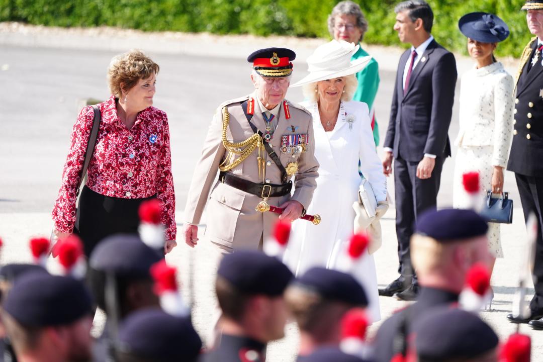 King Charles III and Queen Camilla arriving for the UK national commemorative event for the 80th anniversary of D-Day, held at the British Normandy Memorial in Ver-sur-Mer, Normandy, France. Picture date: Thursday June 6, 2024.