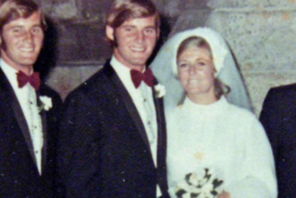 Chris and Lynette Dawson on their wedding day – with twin brother Paul next to Chris (handout)