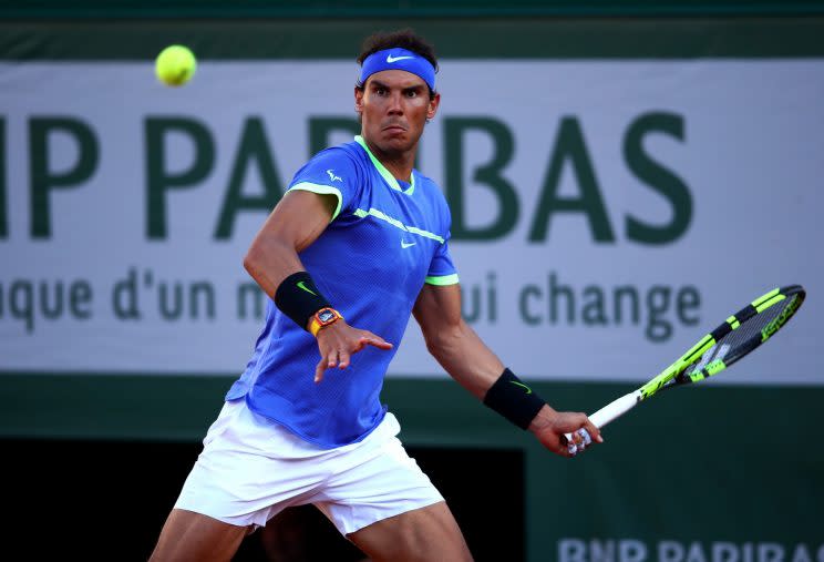 Rafael Nadal hits a forehand against Dominic Thiem in the men's semifinals of the French Open. (Getty Images)