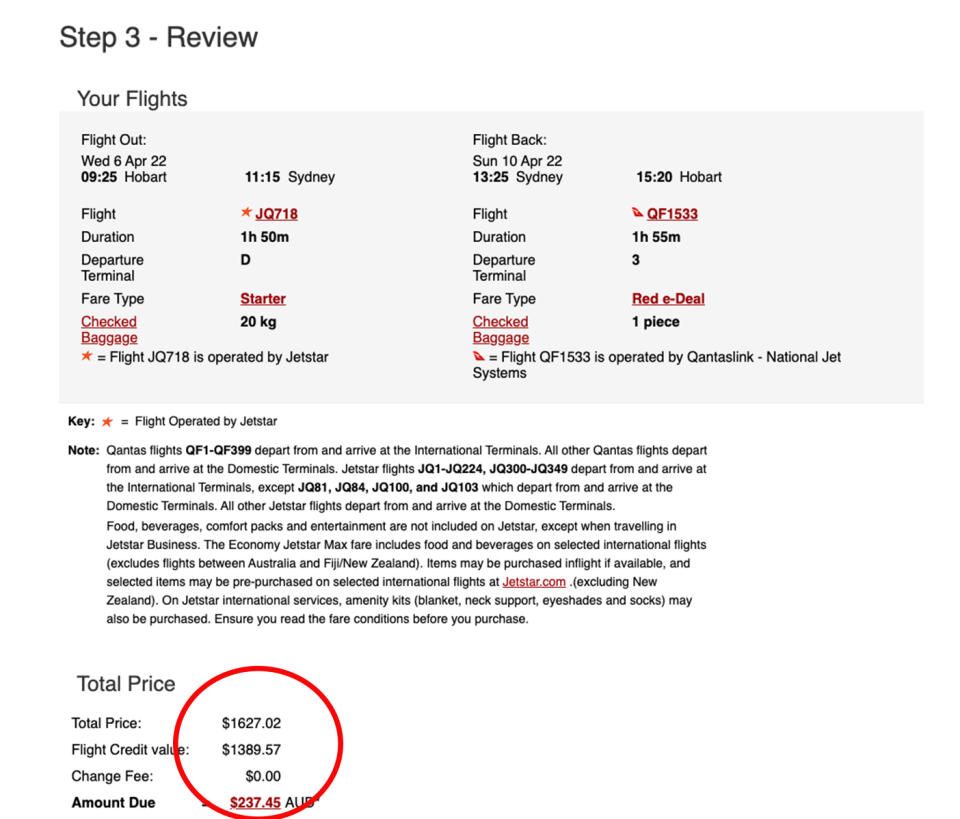 Screenshot of Stewart Cameron's flights using flight credit showing it to be $239 more.