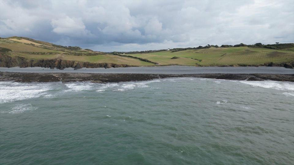 An aerial view of the coastline in North Devon. Waves are breaking on the shoreline, with gently sloping green fields above a pebble beach. 