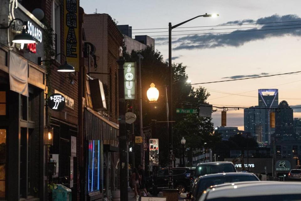 A view of the uptown skyline at sunset from Plaza Midwood on Monday evening, Aug. 8, 2022 in Charlotte, N.C.