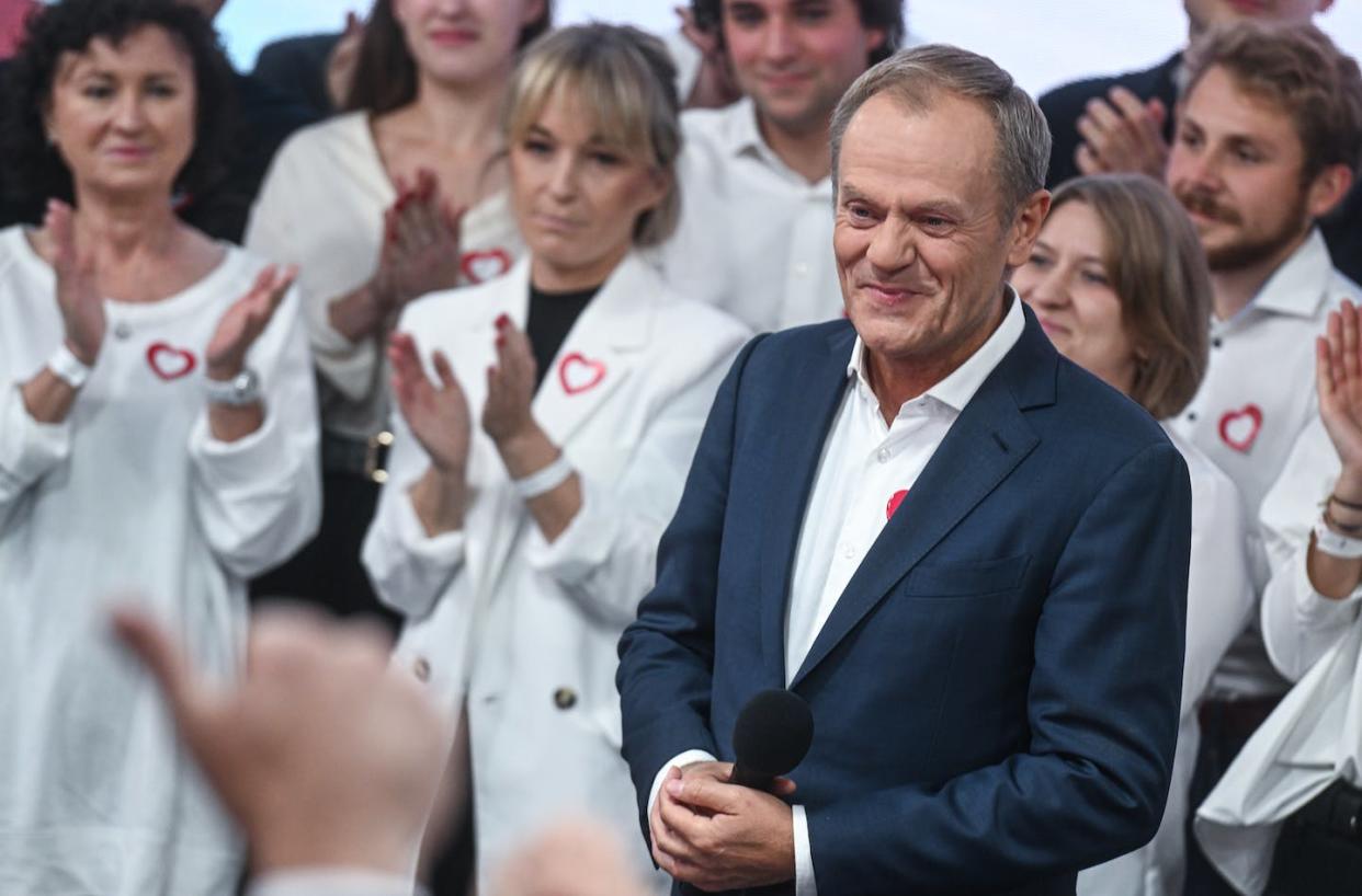 Donald Tusk looks set to lead the governing coalition, in large part thanks to female voters. <a href="https://www.gettyimages.com/detail/news-photo/the-leader-of-civic-coalition-donald-tusk-celebrates-the-news-photo/1737953929?adppopup=true" rel="nofollow noopener" target="_blank" data-ylk="slk:Omar Marques/Getty Images;elm:context_link;itc:0;sec:content-canvas" class="link ">Omar Marques/Getty Images</a>