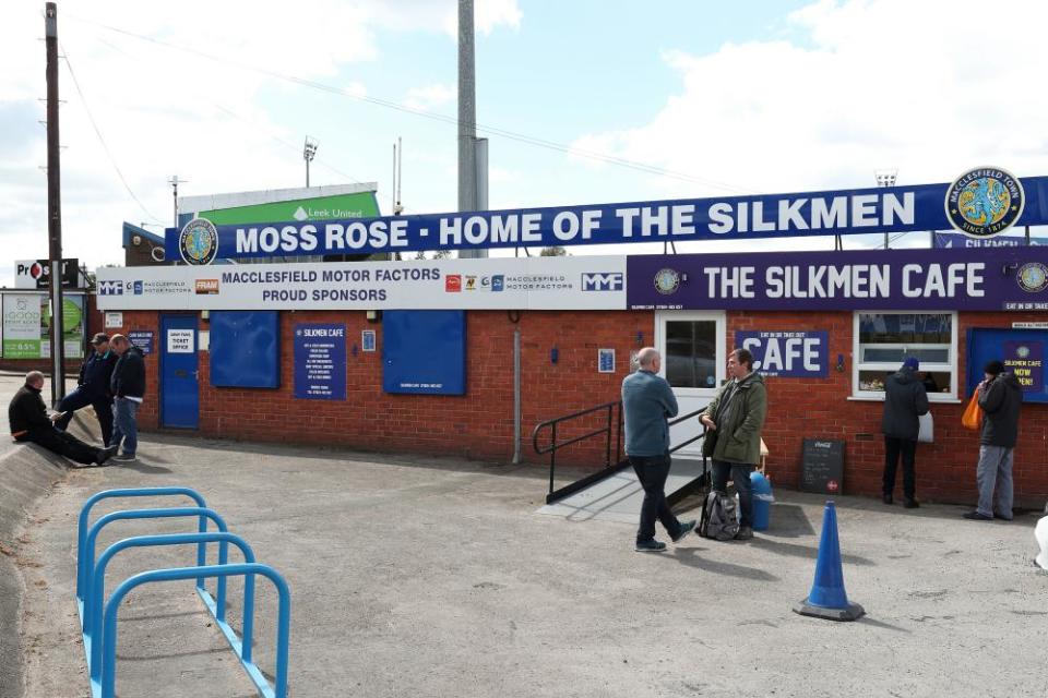 Macclesfield fans outside the club’s Moss Rose stadium before a League Two match in May 2019.