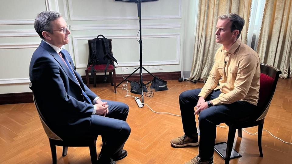 PHOTO: ABC News' Foreign Correspondent Tom Soufi Burridge interviews Ukrainian Foreign Minister Dmytro Kuleba in Kyiv, Ukraine. (Bruno Roeber/ABC News)