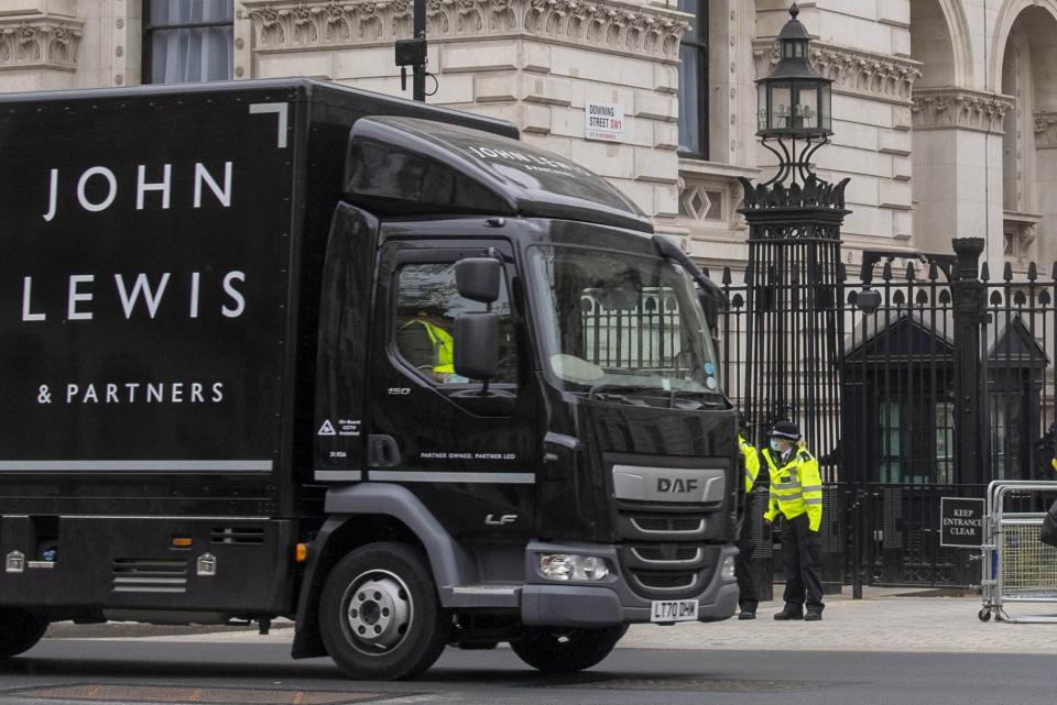 John Lewis lorry outside of 10 Downing Street (Paul Grover/PA) (PA Media)