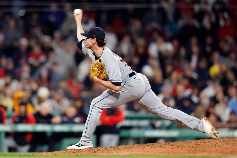 Cleveland Guardians'  Shane Bieber pitches during the sixth inning of a baseball game against the Boston Red Sox, Friday, April 28, 2023, in Boston.  (AP Photo/Michael Dwyer)