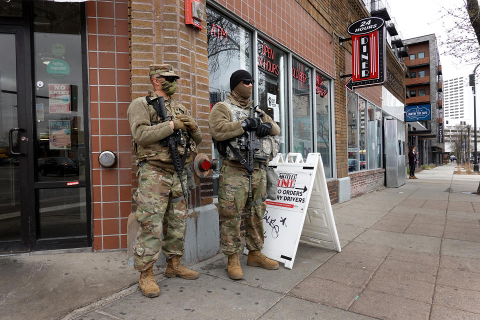 MINNEAPOLIS, MINNESOTA - APRIL 15: National guard soldier are posted on a street corner near downtown as the city prepares for reaction to the verdict in the Derek Chauvin trial on April 15, 2021 in Minneapolis, Minnesota. Chauvin, a former Minneapolis police officer, is standing trial for murder in the death of George Floyd.   (Photo by Scott Olson/Getty Images)