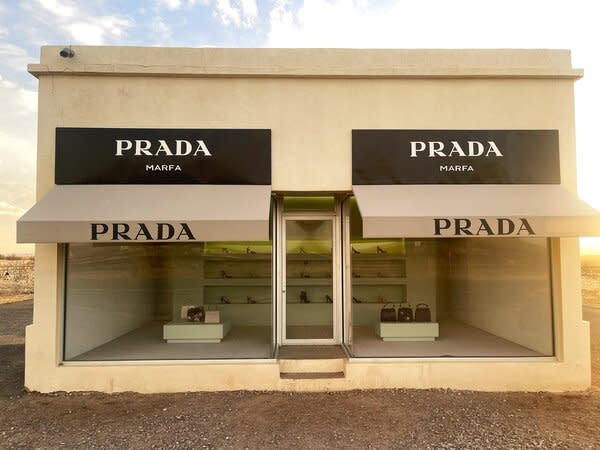 Prada Marfa is a permanent, site-specific installation by artists Elmgreen & Dragset located on a barren stretch of highway one mile west of Valentine, Texas.